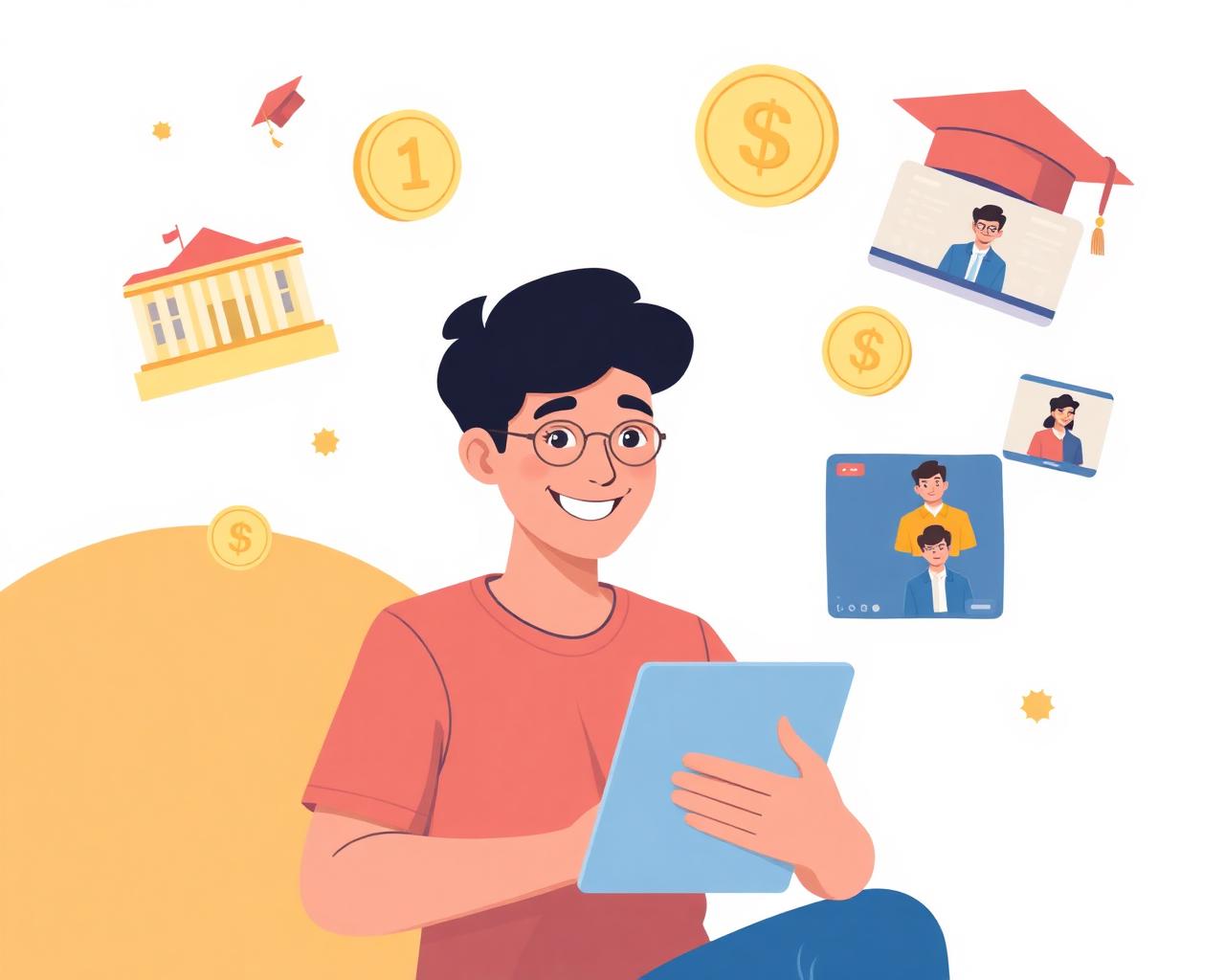 Student attending a virtual college admission fair with universities and scholarship icons